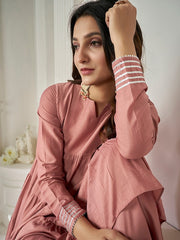 Peach Striped Round Neck Long Sleeves Gotta Patti Kurta with Sharara