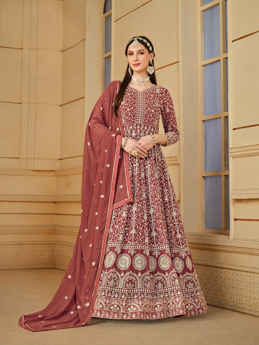 Rust Thread Embroidery Georgette Anarkali Suit