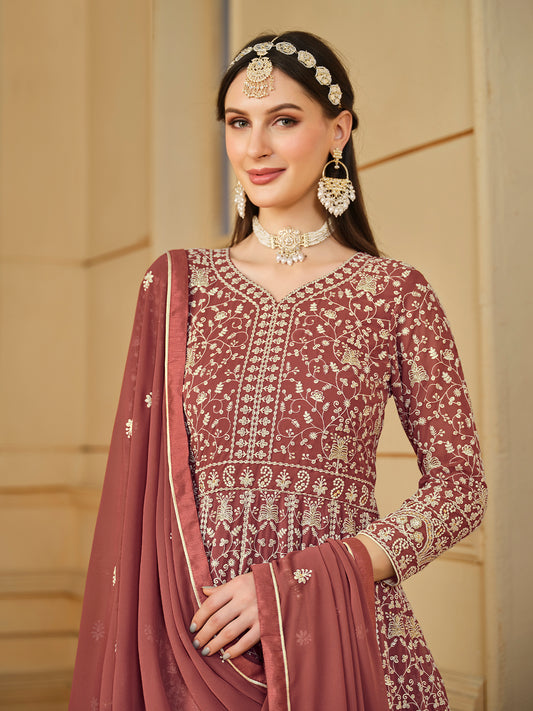 Rust Thread Embroidery Georgette Anarkali Suit