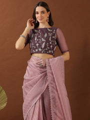 Pink And Lavender Floral Printed Zari Organza Saree