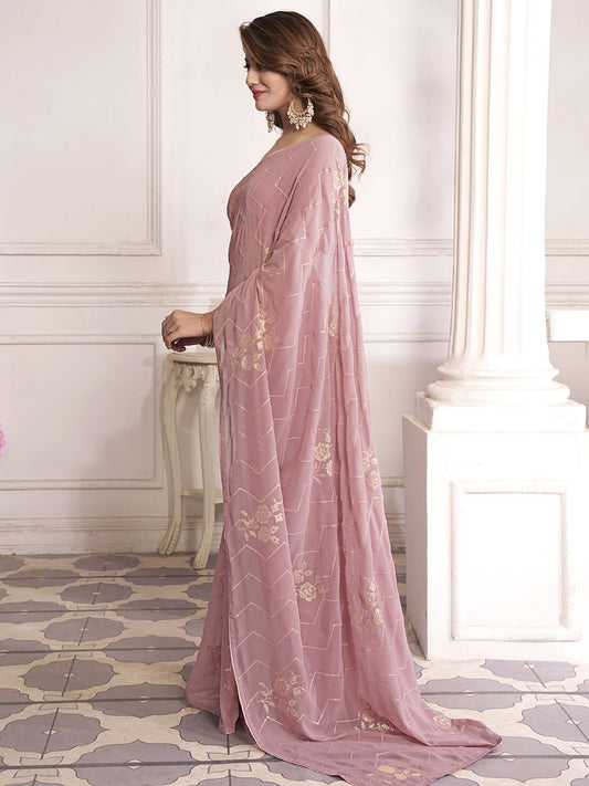 Pink And Gold-Toned Floral Embellished Sequinned Heavy Work Saree