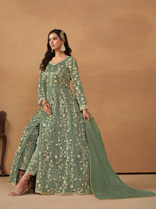 Sage Green Embroidered Net Wedding Anarkali Suit