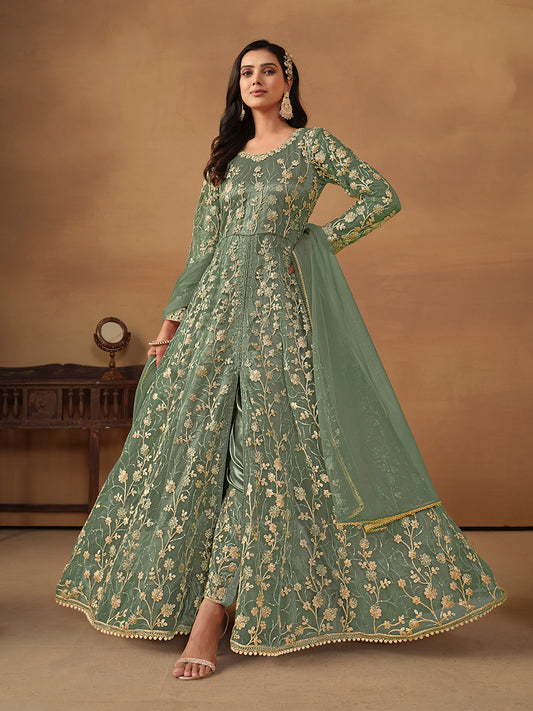 Sage Green Embroidered Net Wedding Anarkali Suit