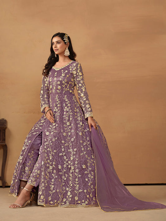 Purple Embroidered Net Wedding Anarkali Suit