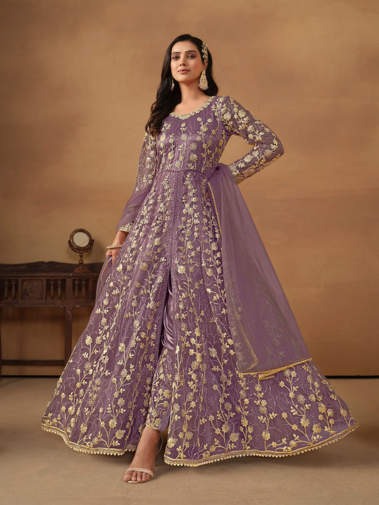 Purple Embroidered Net Wedding Anarkali Suit