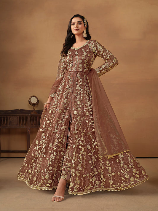 Snuff Brown Embroidered Net Wedding Anarkali Suit