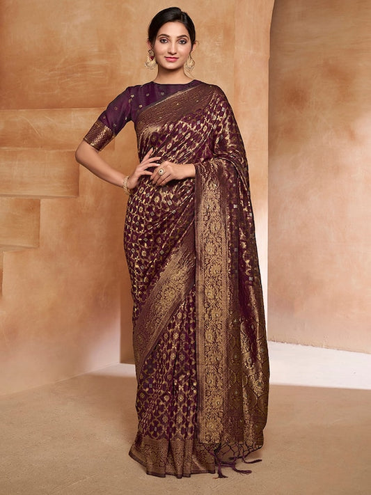 Purple Ethnic Motif Woven Design Zari Saree