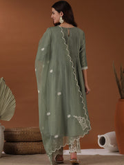 Green Floral Pleated Thread Work Kurta With Trouser & Dupatta