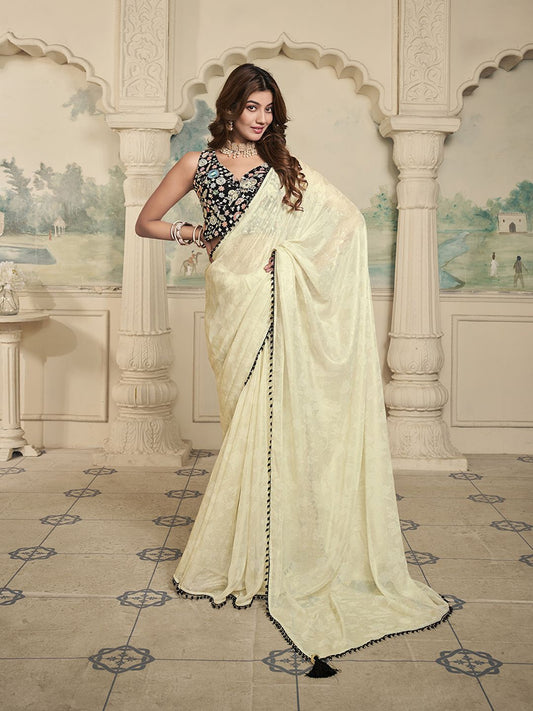 Off White And Black Floral Embroidered Saree