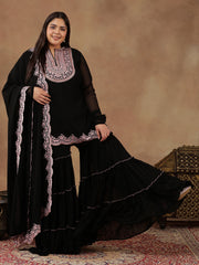 Plus Size Floral Embroidered Thread Work Kurta With Sharara & Dupatta