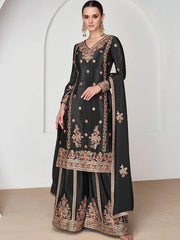 Black Palazzo Style Premium Chinnon Silk Festive Suit