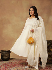 Plus Size Embroidered Empire Thread Work Kurta With Trousers & Dupatta