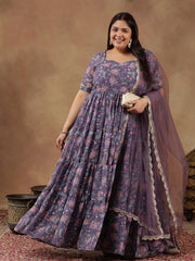 Plus Size Floral Printed Sweetheart Neck Tiered Anarkali Kurta With Dupatta