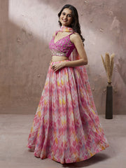 Pink Organza Floral Printed Semi-Stitched Lehenga choli & Dupatta