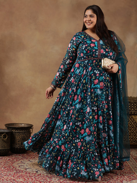 Plus Size Floral Printed Long Sleeves Georgette Anarkali Kurta With Dupatta