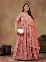 Plus Size Floral Printed Tiered Flared Kurta With Dupatta