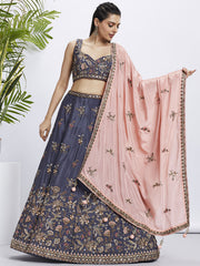 Violet Pure Chiffon Sequins and thread embroidery Semi-Stitched Lehenga choli and Dupatta