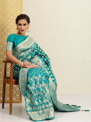 Teal & Gold-Toned Ethnic Motifs Zari Silk Blend Banarasi Saree