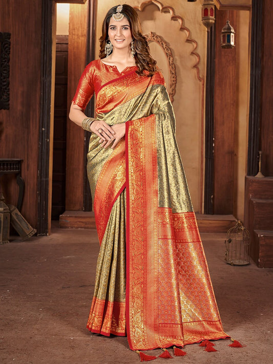 Women Gold Zari Woven Traditional Saree with Ethnic Motive Border