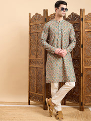 Green Floral Printed Mandarin Collar Zari Cotton A-Line Kurta