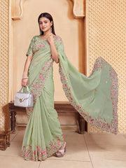 Green And Pink Ethnic Motif Embroidered Sequinned Saree