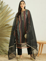 Black Striped Regular Kurta with Trousers & With Dupatta