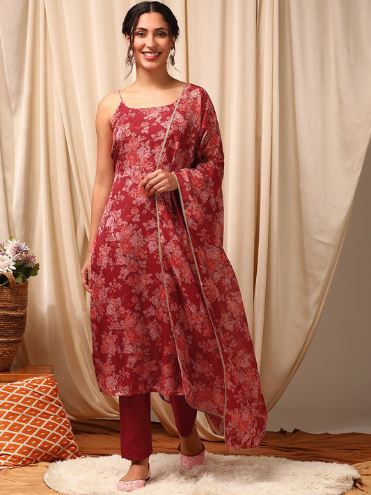 Women Maroon Floral Printed Regular Kurta with Trousers & With Dupatta