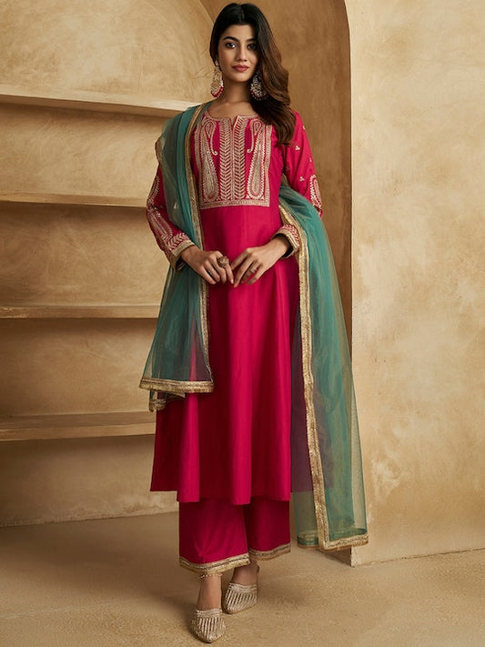 Paisley Yoke Design Regular Pure Silk Kurta with Palazzos & Dupatta