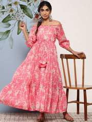 Pink Floral Printed Off-Shoulder Fit & Flare Ethnic Dress