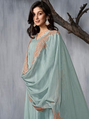 V-Neck Thread Work A-Line Pure Silk Kurta with Trousers & Dupatta