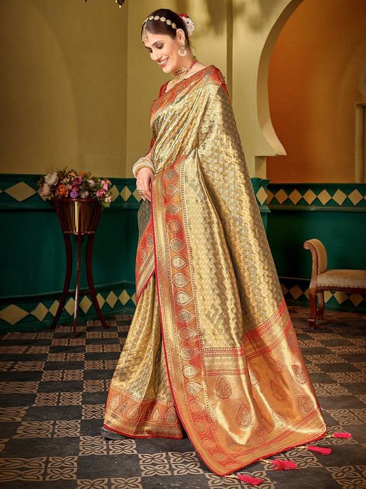 Women Gold Soft Silk Zari Woven Traditional Saree with Swaroski Diamonds