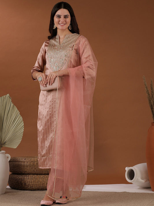 Pink Ethnic Motifs Woven Design Notched Neck Thread Work Kurta with Trousers & Dupatta