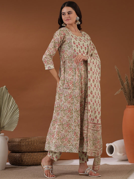 Beige Floral Printed Empire Gotta Patti Anarkali Kurta with Trousers & With Dupatta