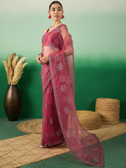 Pink Floral Zari Embroidered Saree With Blouse Piece