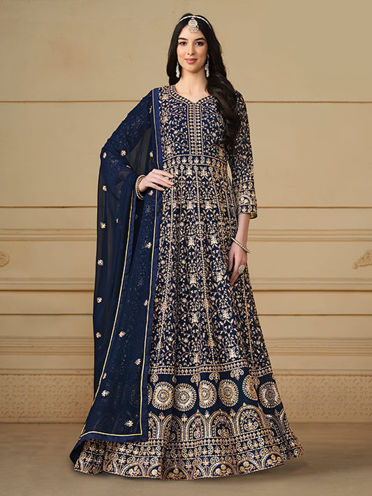 Navy Blue Sequence Embroidery Georgette Anarkali Suit