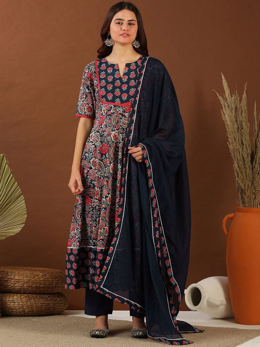 Women Navy Blue Paisley Printed Regular Gotta Patti Kurta with Trousers & With Dupatta