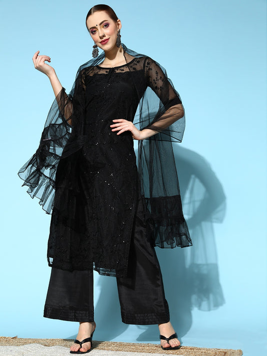 Women Black Floral Net Ethereal Embroidery Kurta Set