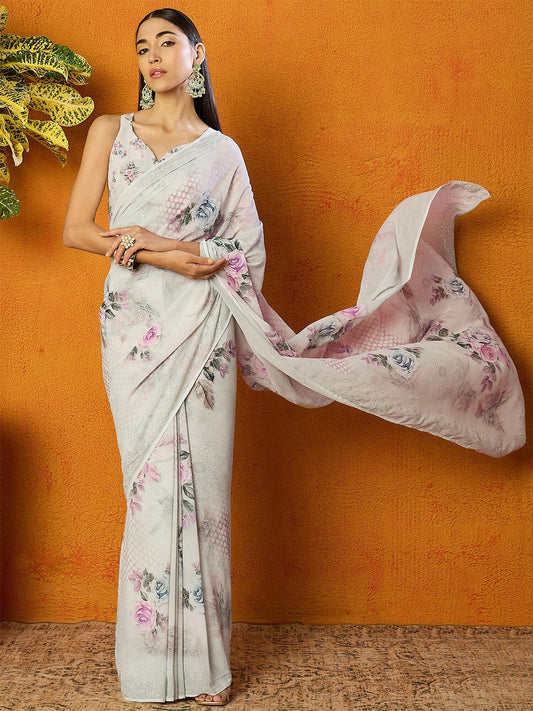 Off White Floral Embellished Poly Georgette Saree