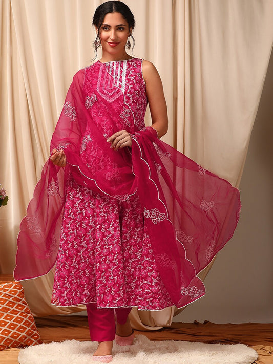 Pink Women Floral Printed Layered Thread Work Kurta with Trousers & With Dupatta