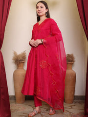 Magenta Yoke Designed Anarkali Kurta With Trouser & Dupatta Set