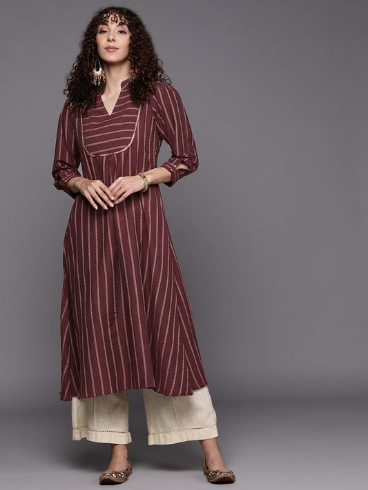 Women MaroonStriped Cotton Kurta