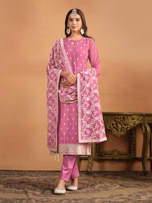 Pink Thread And Sequence Embroidery Pant Style Salwar Suit