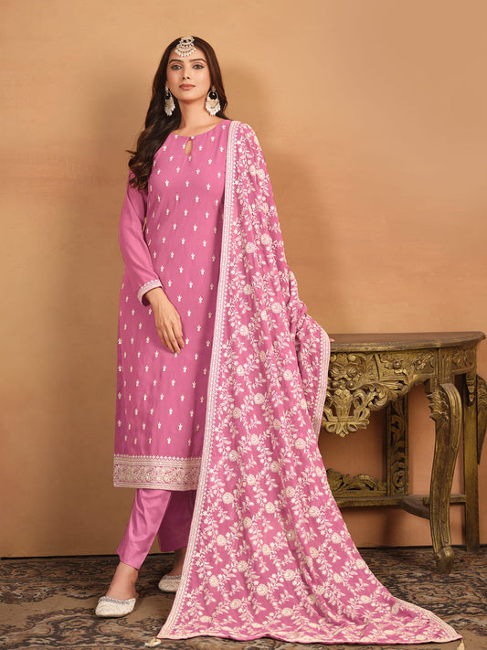 Pink Thread And Sequence Embroidery Pant Style Salwar Suit