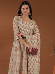 Beige Floral Printed Empire Gotta Patti Anarkali Kurta with Trousers & With Dupatta