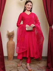 Magenta Yoke Designed Anarkali Kurta With Trouser & Dupatta Set