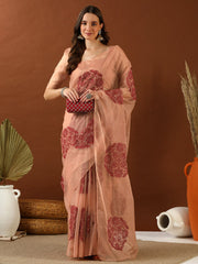 Peach Floral Embroidered Organza Saree