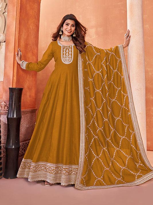 Mustard Art Silk Partywear Anarkali Suit