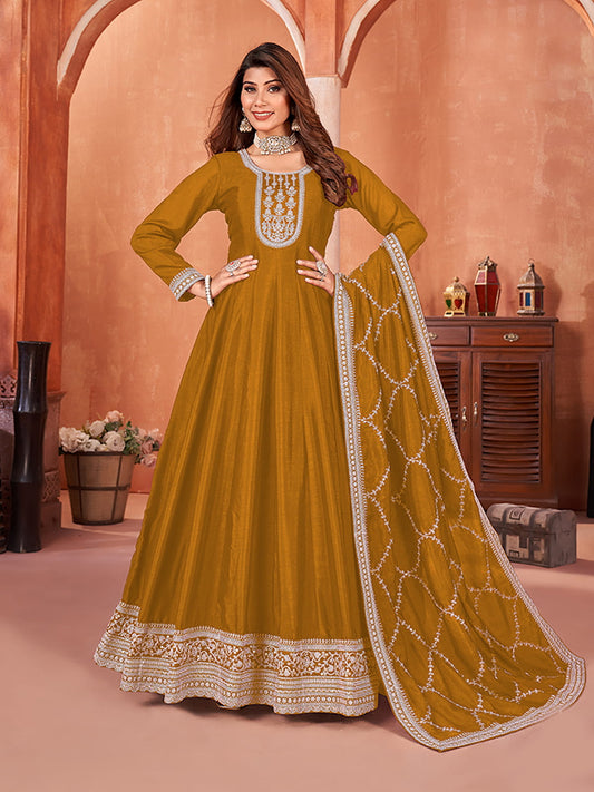 Mustard Art Silk Partywear Anarkali Suit