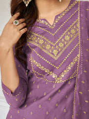 Women Mauve Ethnic Motifs Embroidered Regular Sequinned Chanderi Cotton Kurta with Trousers & With Dupatta