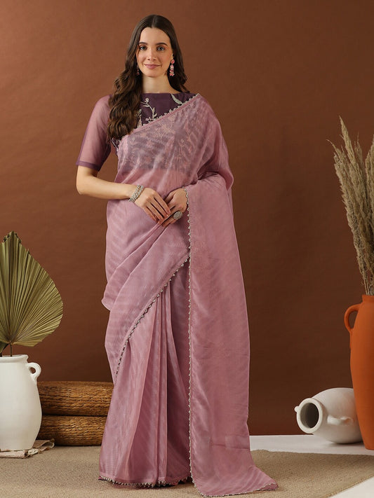 Pink And Lavender Floral Printed Zari Organza Saree